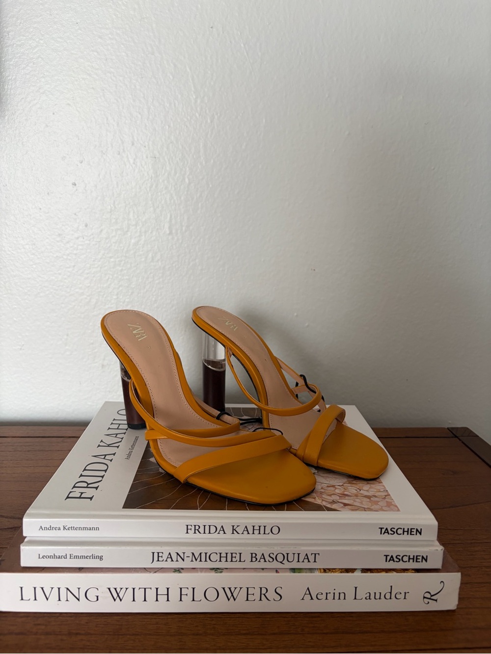 Zara Mustard Yellow Strappy Mule Heels with Clear Block Heel